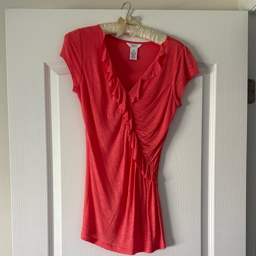 Candie’s Vibrant Coral Ruffle V-Neck Blouse Size Medium
